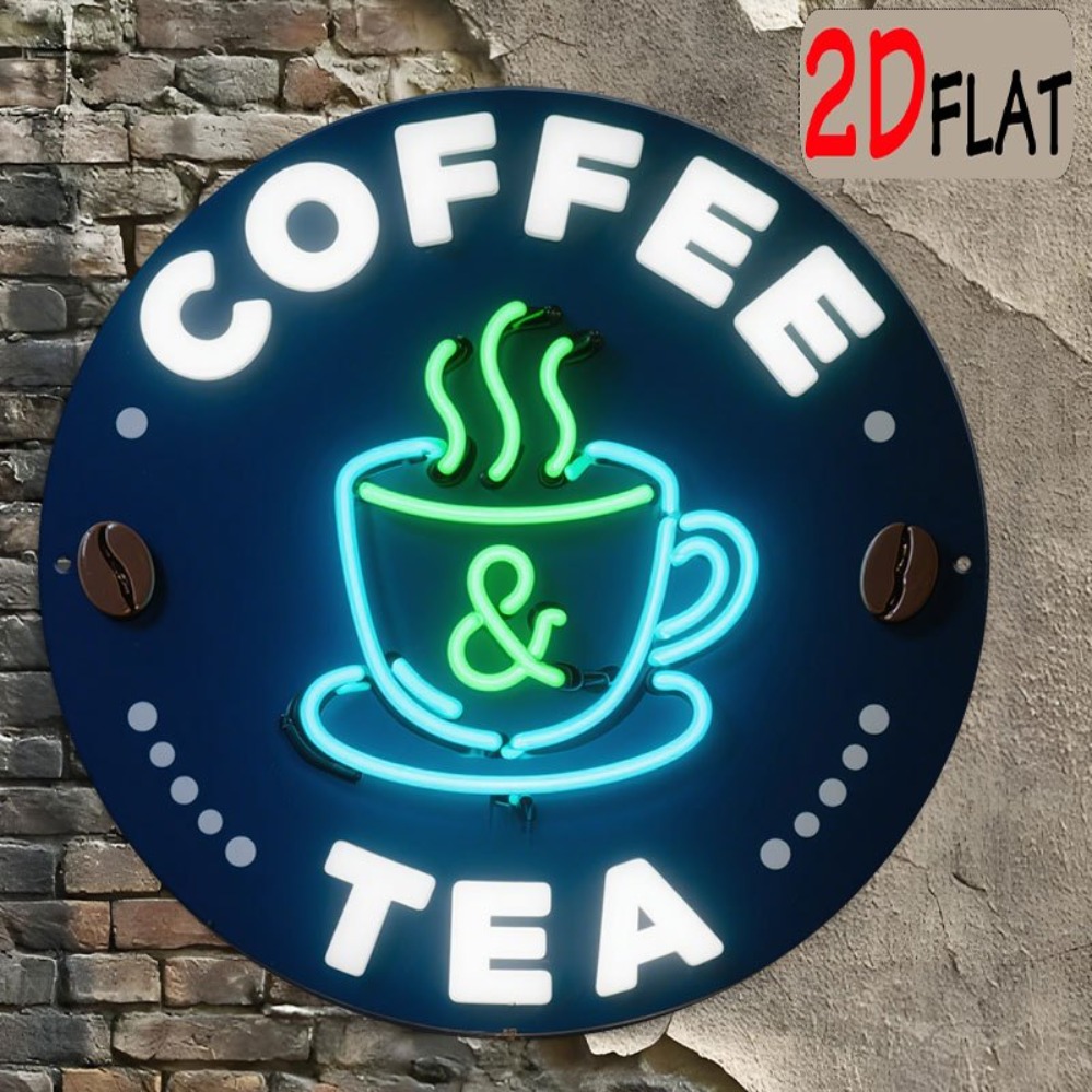 Coffee Tea Neon Sign - Okrągła Metalowa Tabliczka z Nadrukiem Kawy