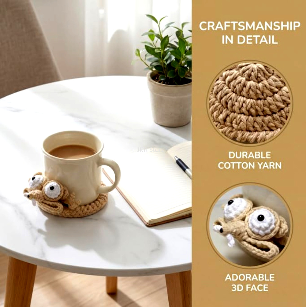 Coffee Tea Station - Podkładka pod kubek z szydełkowanymi zwierzątkami,