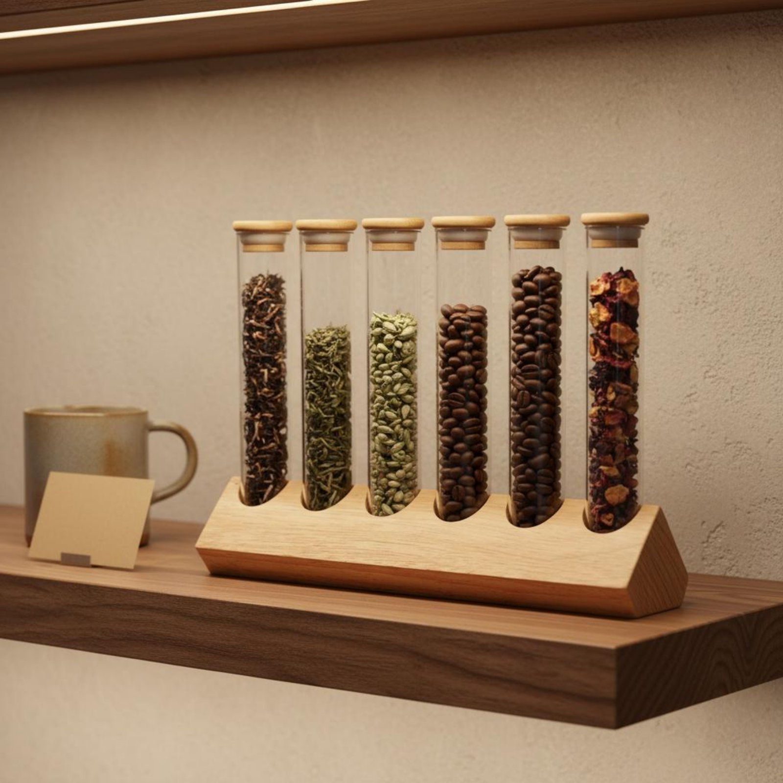 Coffee Bean & Tea Menu - Zestaw szklanych pojemników z drewnianą podstawką,